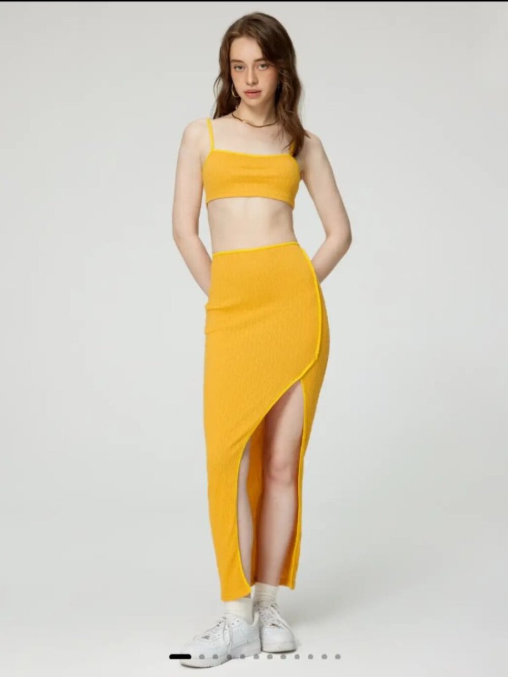 CIDER SOLD TEXTURE CROP TANK TOP & SLIT SKIRT SET YELLOW SIZE XL
